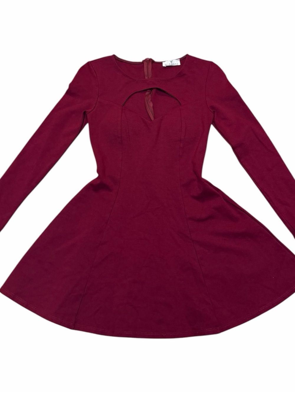 Windsor Burgundy Long Sleeve Fit-and-Flare Dress with Front Keyhole